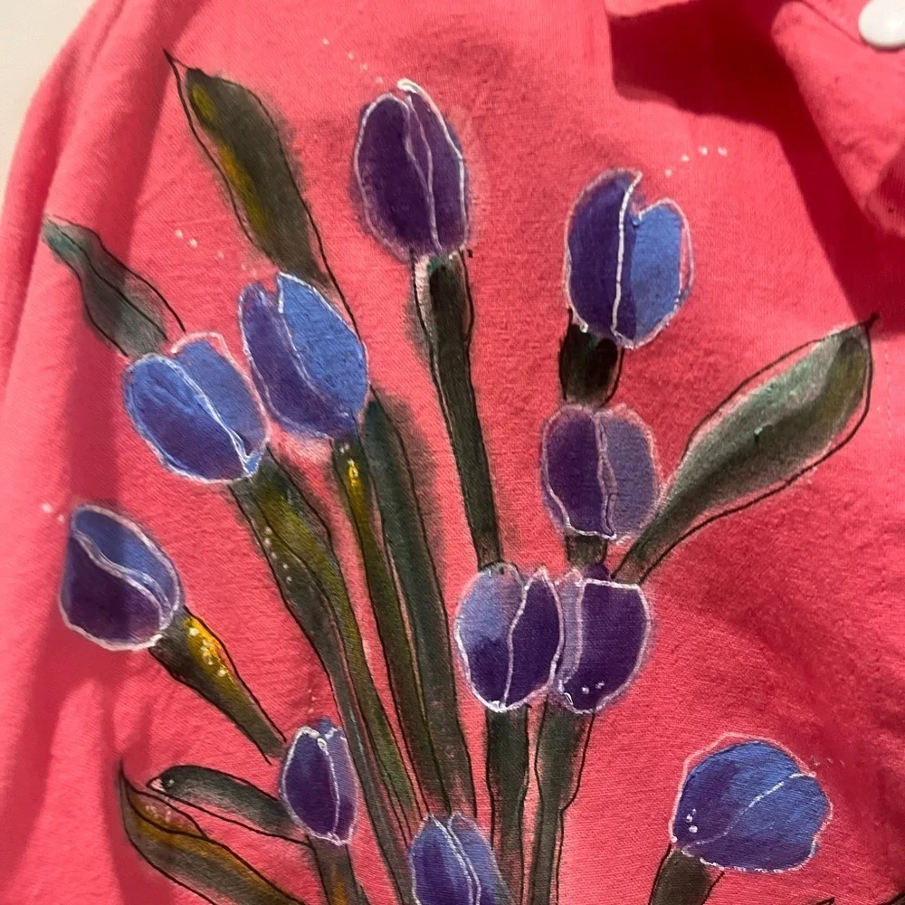 Vintage hand painted 100% cotton pearl snap blouse - Picture 3 of 7